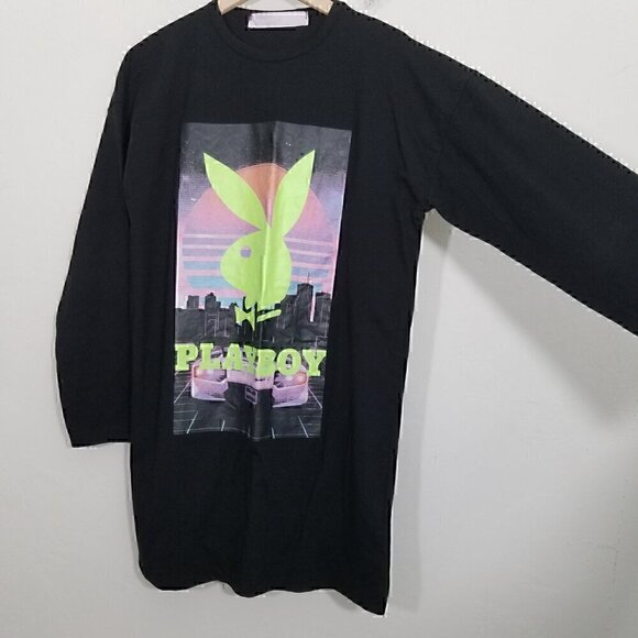 PLAYBOY x MISSGUIDED Long Sleeve T-Shirt Dress Black Size 2 - Picture 2 of 7